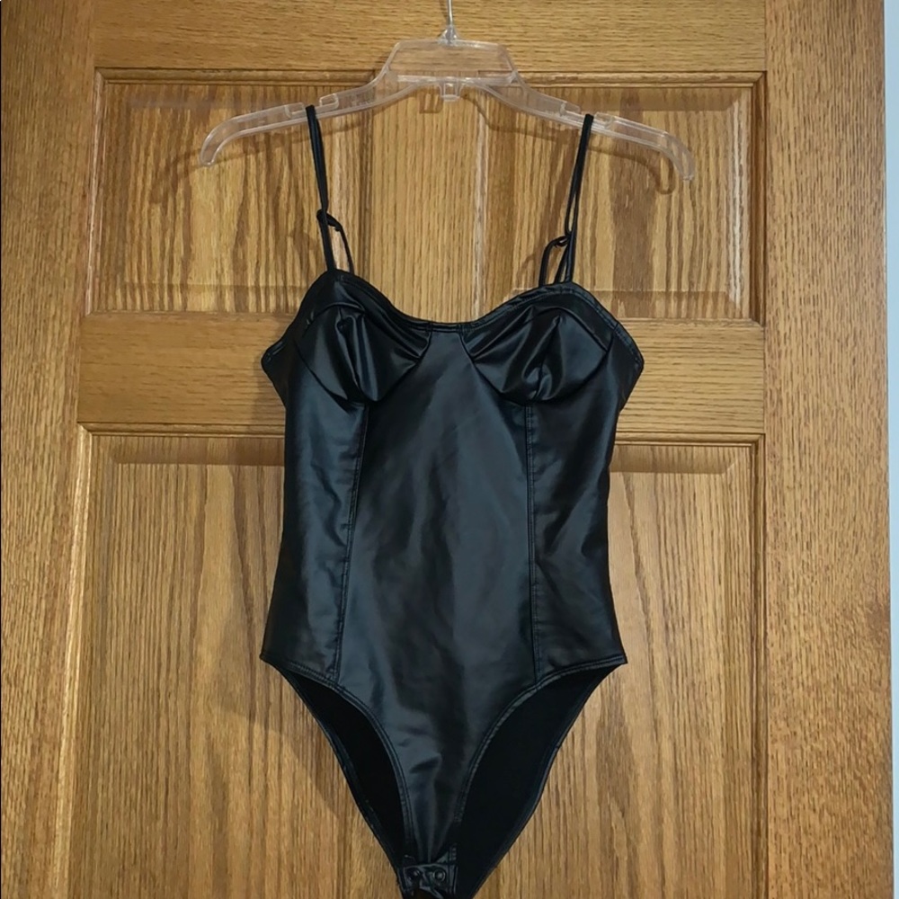 Black leather body suit